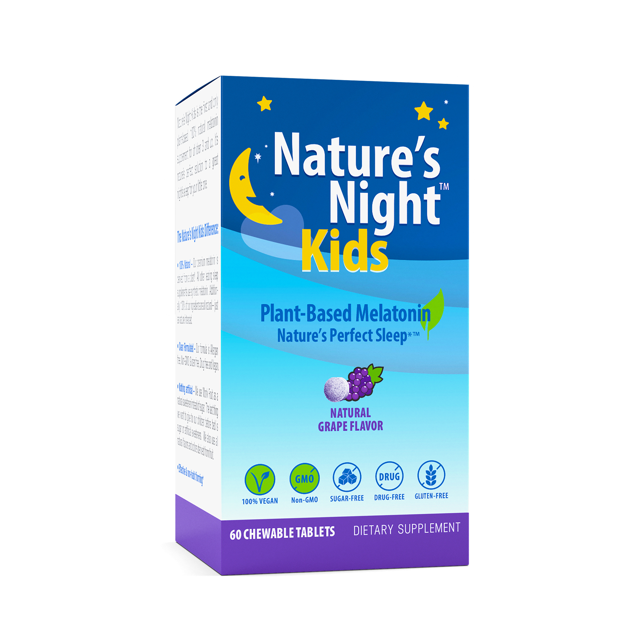 Nature's Perfect Night Kids | Melatonina infantil de 1 mg | 100 tabletas  masticables | Sabor natural de uva | Sin azúcar | Vegano | Sin gluten | Sin