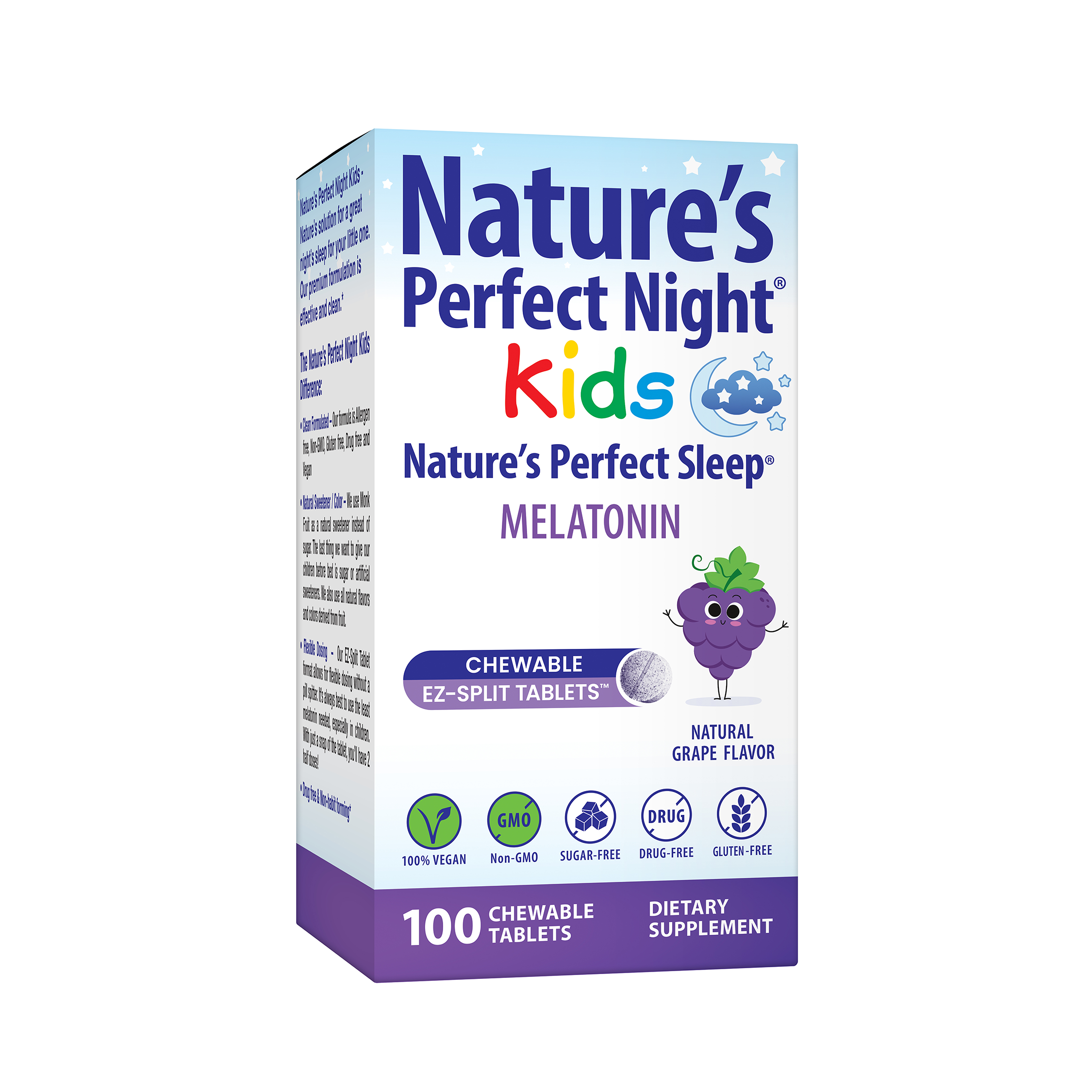 Nature's Perfect Night Kids | Melatonina infantil de 1 mg | 100 tabletas  masticables | Sabor natural de uva | Sin azúcar | Vegano | Sin gluten | Sin
